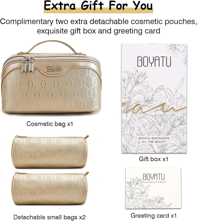 BOYATU Travel Makeup Bag for Women: Cosmetic Organizer Bag with Compartments - Leather Make up Bags Set of 3 (G-5-Gold Yellow) - Image 5